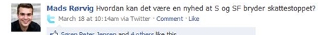 Mads Rørvigs (V) Facebook-status torsdag 18. marts 2010.