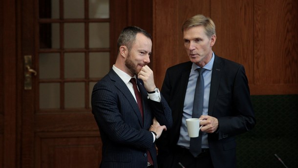 Miljø- og fødevareminister Jakob Ellemann-Jensen (V) i selskab med Kristian Thulesen Dahl (DF) ved Folketingets åbning i 2018. 