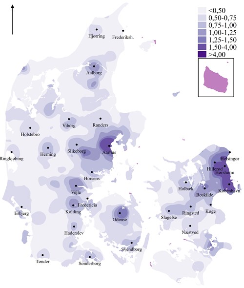 Kilde: Den Danske Valgdatabase. Det bagvedliggende kort er fra Geodatastyrelsen/Djøfs Forlag.