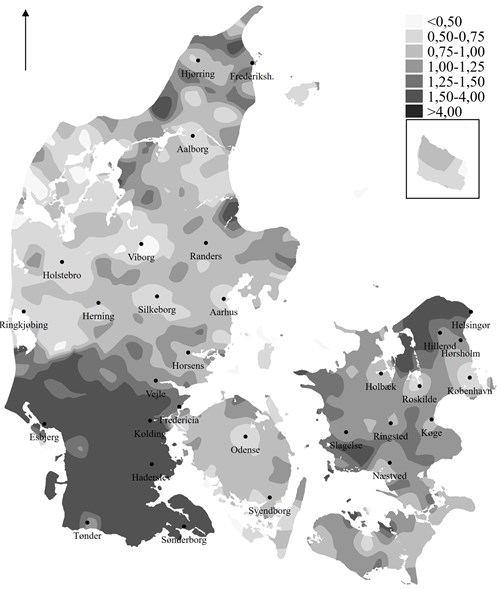 Kilde: Den Danske Valgdatabase. Det bagvedliggende kort er fra Geodatastyrelsen/Djøfs Forlag.