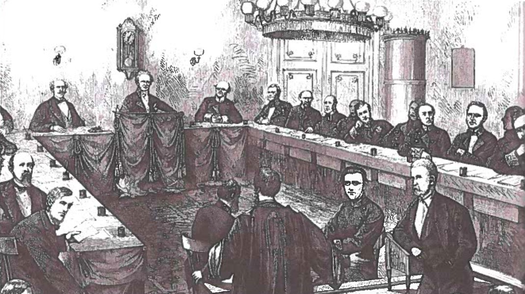 Den anden og tredje rigsretssag blev begge ført i Landstingssalen på Christiansborg. På billedet lytter anklager Viggo Hørup, mens forsvareren taler.