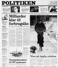 Politikens forside 4. april 1995. Avisens fotograf havde fanget Erik Ninn-Hansen på vej ud på hans daglige cykeltur. Få dage senere besluttede Rigsretten, at sagen ikke skulle indstilles, selv om den længe havde ligget stille på grund af Ninn-Hansens dårlige helbred. 
