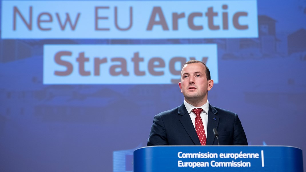 EU-kommissær for miljø, have og fiskeri, Virginijus Sinkevičius, ved præsentationen af strategien på et pressemøde i Bruxelles onsdag eftermiddag.
