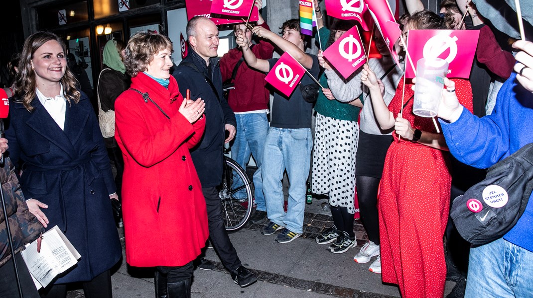 Enhedslistens spidskandidater i Københavns og Frederiksberg Kommune, Line Barfod og Pelle Dragsted, ankom omkring 20.30 til partiets valgfest på spillestedet Vega. 
