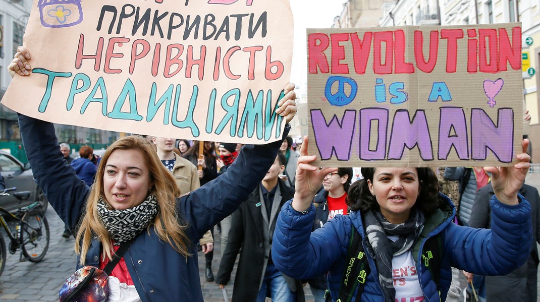 Ukrainske kvinder demonstrerer&nbsp;mod vold mod kvinder i&nbsp;Kyiv den 8. marts 2017.&nbsp;