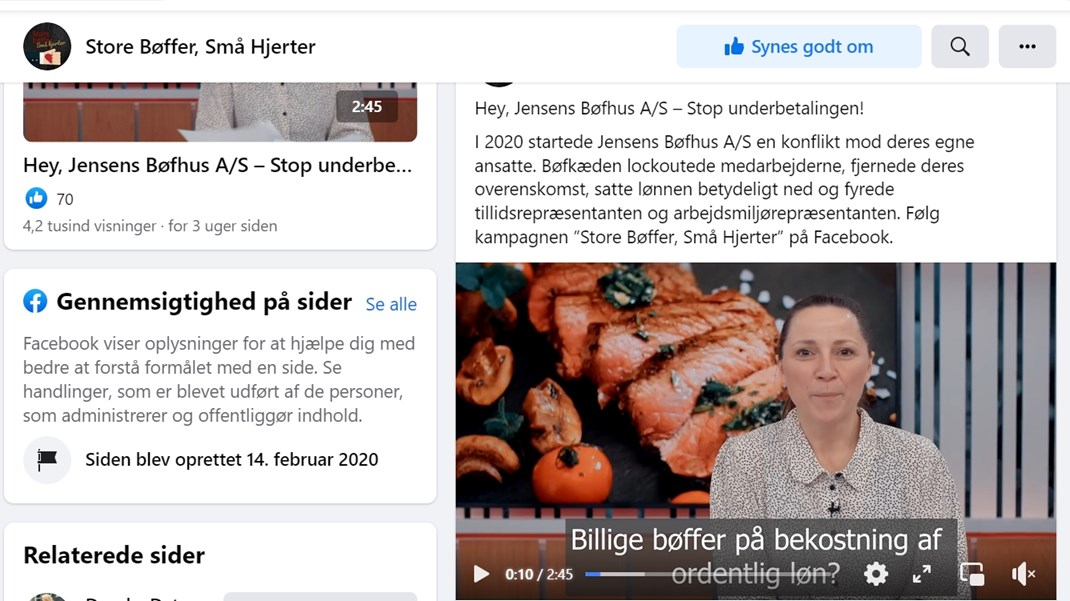 Facebook-siden "Store Bøffer, Små Hjerter" rettet mod Jensens Bøfhus har i skrivende stund kostet 108.000 kroner. Det fremgår dog ikke, at pengene kommer fra 3F. 