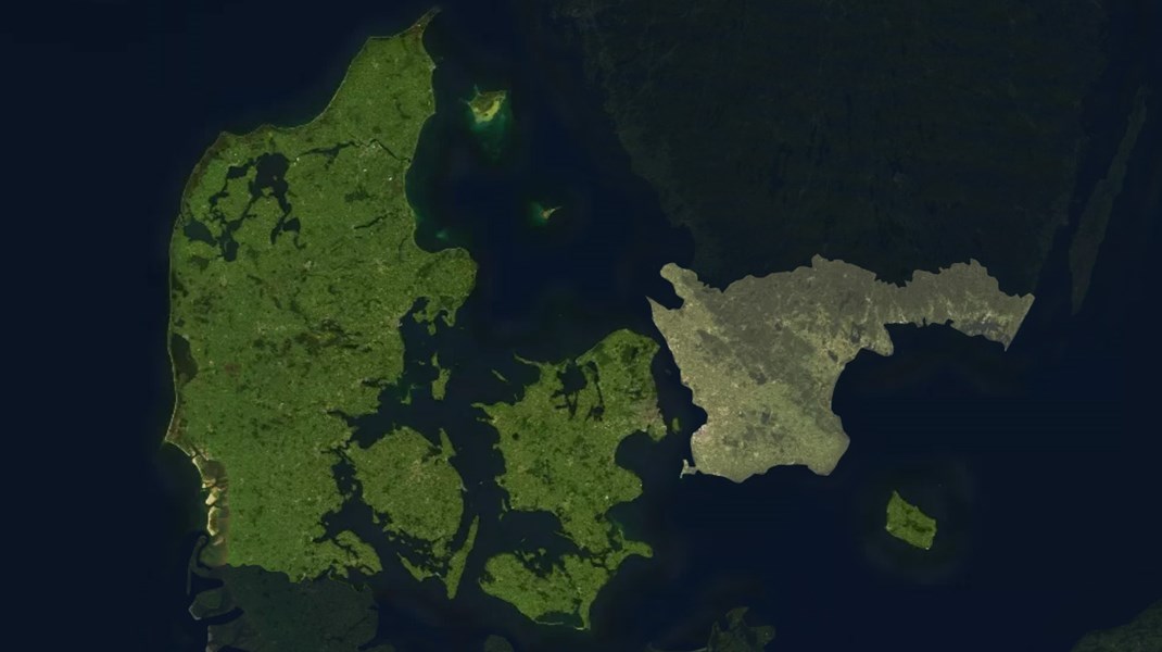 Hvis der skal være plads til alle ønsker for det danske areal, har vi som minimum brug for at få Skåne og Blekinge tilbage. <i>Illustration: Mads Outzen.</i>