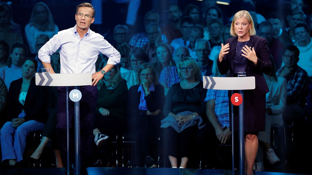 Moderaternes statsministerkandidat,&nbsp;Ulf Kristersson, og den socialdemokratiske statsminister og partileder,&nbsp;Magdalena Andersson, i debat for ud for valget til den svenske Riksdag.<br>