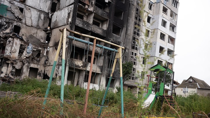 En ødelagt beboelsesejendom i Kyiv-forstaden Butja.