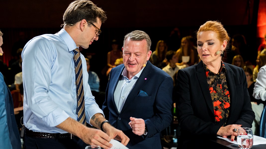 Partilederne Alex Vanopslagh (LA), Lars Løkke Rasmussen (M) og Inger Støjberg (DD) er alle med i flertallet for at sænke beløbsgrænsen. Arkivfoto.&nbsp;