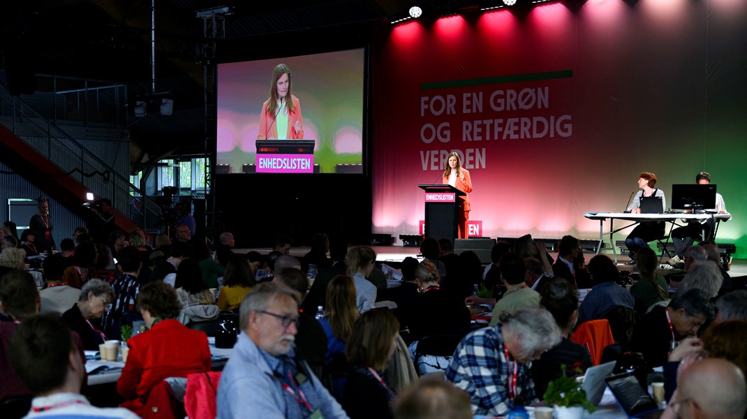Politisk ordfører&nbsp;Mai Villadsen holder tale ved Enhedslistens årsmøde i Hafnia-Hallen i København tilbage i maj 2022, hvor partiet stod til 7,6 procent af stemmerne.