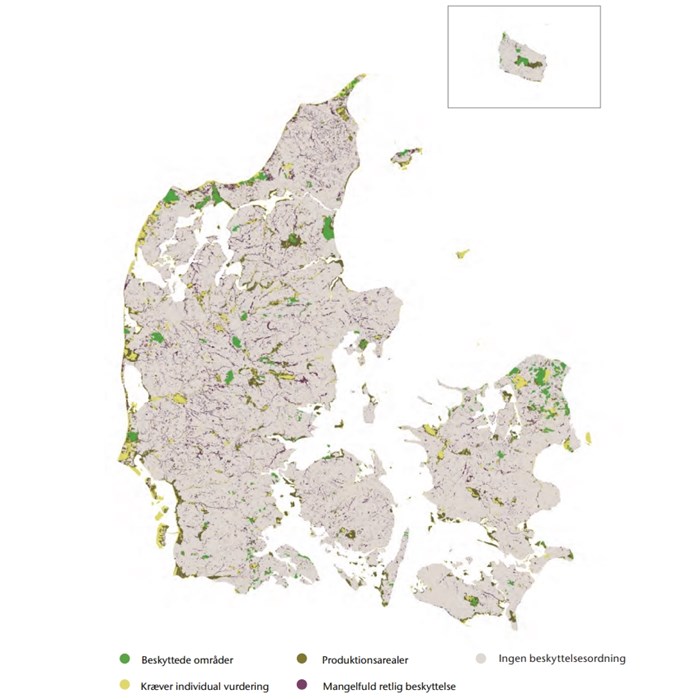 Kort over Biodiversitetsrådet vurdering af den reelle naturbeskyttelse i Danmark.