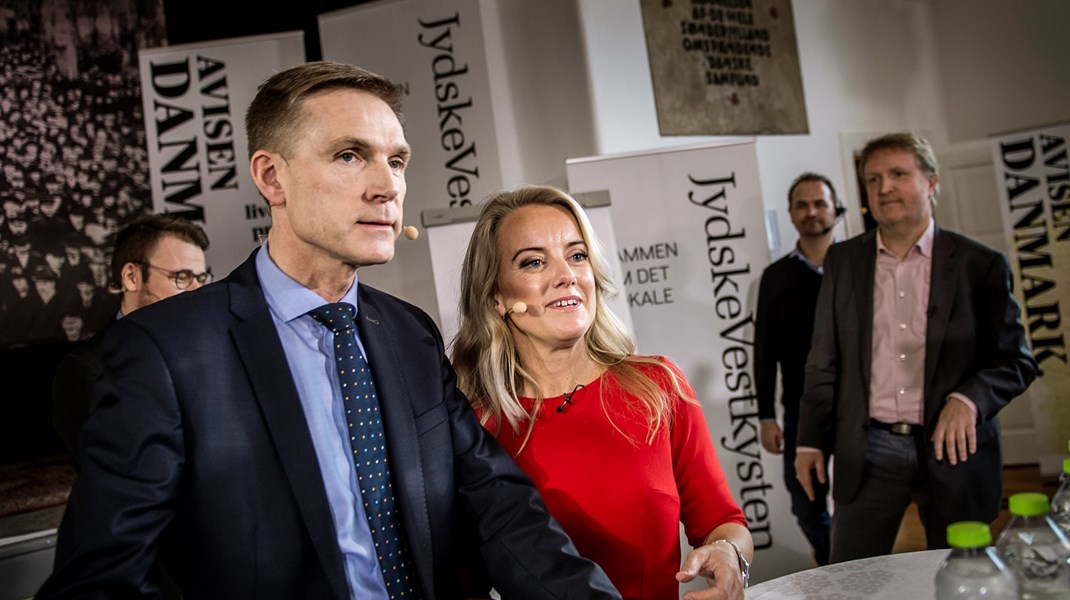 Pernille Vermund tørner for første gang sammen med DF's daværende formand Kristian Thulesen Dahl til en debat 7. marts 2019. 