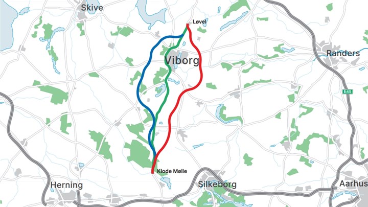 Vejdirektoratet foreslår tre linjeføringer: En motorvej vest om Viborg, en såkaldt nul+-løsning med udvidelser af den eksisterende landevej og en motorvej øst om Viborg. 