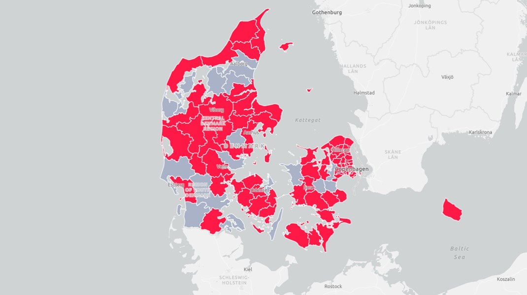 I
de rødt markerede kommuner er der etableret mindst det samme antal private institutioner, som der er lukket kommunale eller
selvejende institutioner. De private
institutioner erstatter med andre ord de gamle
kommunale institutioner, skriver&nbsp;Tanja Krabbe.