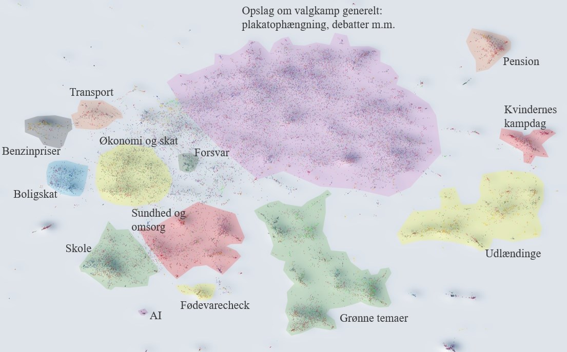 Kort over folketingskandidaters opslag (knap 38.000 i alt) på Facebook, Instagram, X og Linkedin i perioden 16. februar til 22. marts. Hver sort prik på kortet repræsenterer et opslag fra en folketingskandidat.