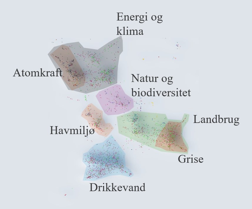 Den 'grønne' del af kortet over folketingskandidaters opslag (knap 4.000 i alt) på Facebook, Instagram, X og Linkedin i perioden 16. februar til 22. marts. Hver sort prik på kortet repræsenterer et opslag fra en folketingskandidat.